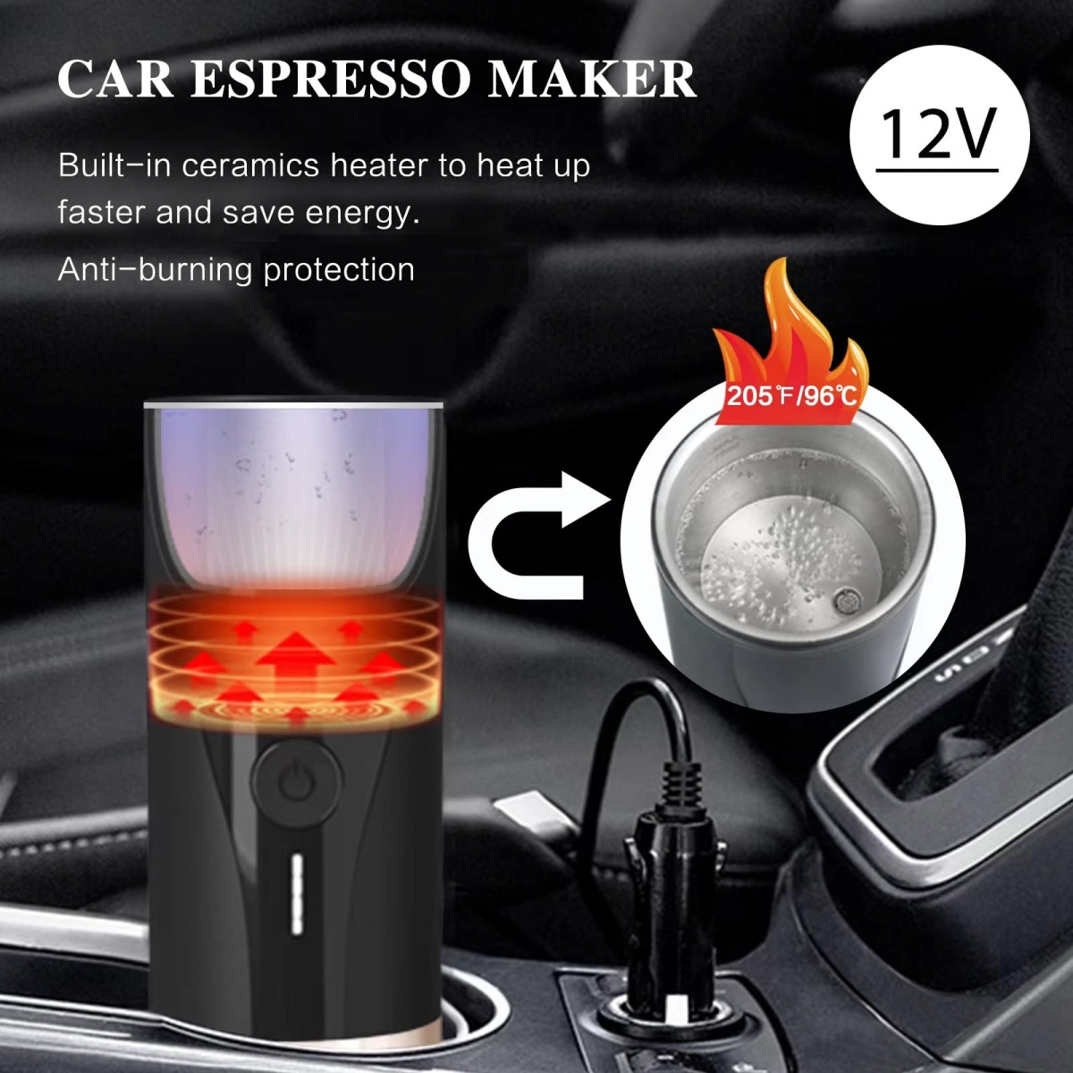 Connecting it to car cigarette lighter and pressing the button, the portable coffee maker starts to heats the water-CERA+| Portable Espresso Maker,Smart Warming Mug