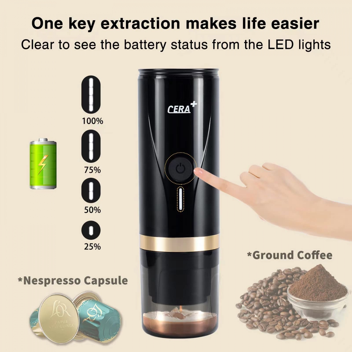 Intelligent LED indicator shows the battery level and the temperature status of the heating water.-CERA+| Portable Espresso Maker,Smart Warming Mug